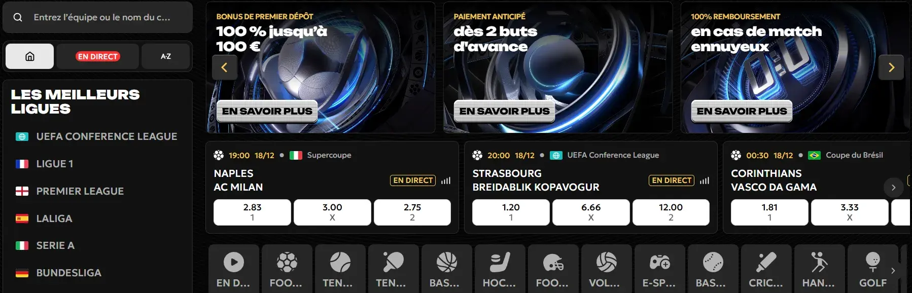 Paris sportifs du Spinsy Casino avec événements en direct